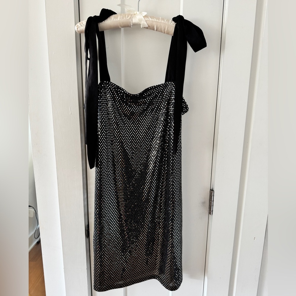 Black Sequin Midi Dress with Satin Bow Straps